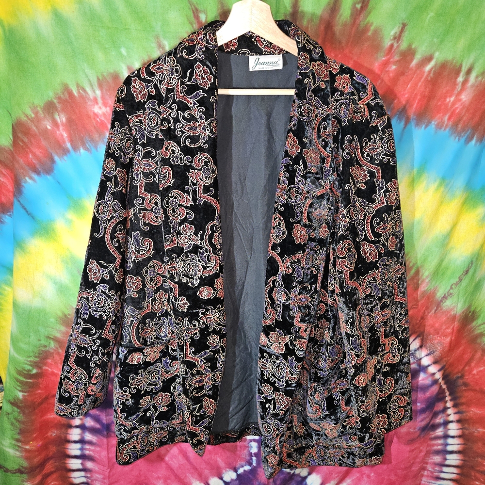 Joanna Velvet Burnout Paisley Jacket - Black with Red & Purple Metallic Accents